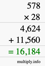 How to calculate 578 times 28 using long multiplication