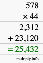How to calculate 578 times 44 using long multiplication