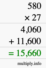 How to calculate 580 times 27 using long multiplication