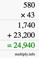 How to calculate 580 times 43 using long multiplication