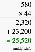 How to calculate 580 times 44 using long multiplication