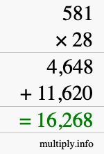 How to calculate 581 times 28 using long multiplication