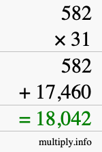 How to calculate 582 times 31 using long multiplication
