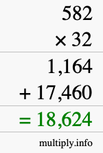 How to calculate 582 times 32 using long multiplication
