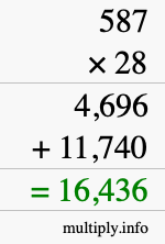 How to calculate 587 times 28 using long multiplication
