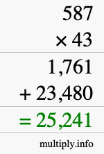 How to calculate 587 times 43 using long multiplication