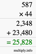 How to calculate 587 times 44 using long multiplication
