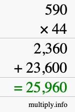 How to calculate 590 times 44 using long multiplication