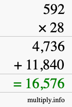 How to calculate 592 times 28 using long multiplication