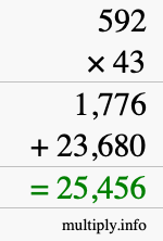 How to calculate 592 times 43 using long multiplication