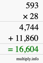 How to calculate 593 times 28 using long multiplication