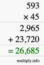 How to calculate 593 times 45 using long multiplication