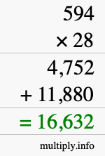 How to calculate 594 times 28 using long multiplication