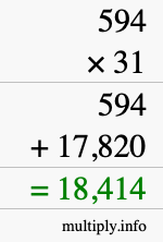 How to calculate 594 times 31 using long multiplication