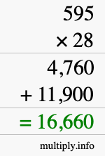 How to calculate 595 times 28 using long multiplication