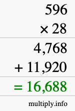 How to calculate 596 times 28 using long multiplication