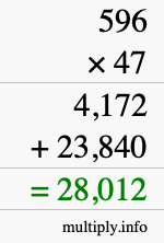 How to calculate 596 times 47 using long multiplication