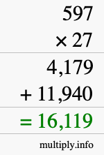 How to calculate 597 times 27 using long multiplication