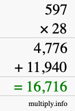 How to calculate 597 times 28 using long multiplication