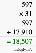 How to calculate 597 times 31 using long multiplication