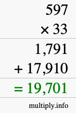 How to calculate 597 times 33 using long multiplication