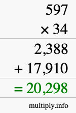 How to calculate 597 times 34 using long multiplication