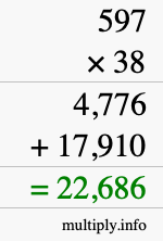 How to calculate 597 times 38 using long multiplication