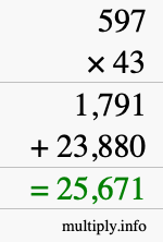 How to calculate 597 times 43 using long multiplication
