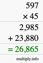 How to calculate 597 times 45 using long multiplication