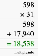 How to calculate 598 times 31 using long multiplication