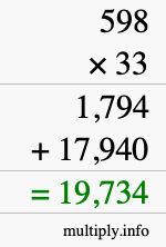 How to calculate 598 times 33 using long multiplication