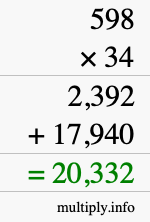 How to calculate 598 times 34 using long multiplication