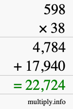 How to calculate 598 times 38 using long multiplication