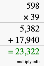 How to calculate 598 times 39 using long multiplication