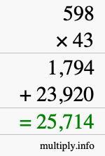 How to calculate 598 times 43 using long multiplication