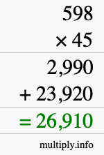 How to calculate 598 times 45 using long multiplication