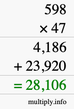 How to calculate 598 times 47 using long multiplication