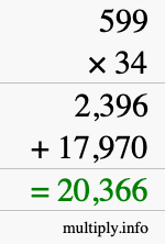 How to calculate 599 times 34 using long multiplication