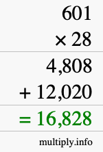 How to calculate 601 times 28 using long multiplication