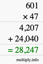 How to calculate 601 times 47 using long multiplication