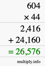 How to calculate 604 times 44 using long multiplication