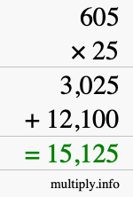 How to calculate 605 times 25 using long multiplication How to calculate 605 times 25 using long multiplication