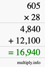 How to calculate 605 times 28 using long multiplication