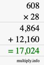 How to calculate 608 times 28 using long multiplication