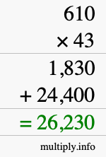 How to calculate 610 times 43 using long multiplication