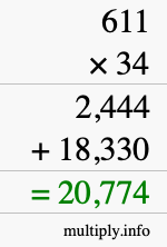 How to calculate 611 times 34 using long multiplication
