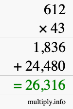 How to calculate 612 times 43 using long multiplication