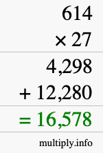 How to calculate 614 times 27 using long multiplication