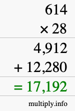 How to calculate 614 times 28 using long multiplication