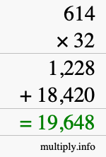 How to calculate 614 times 32 using long multiplication